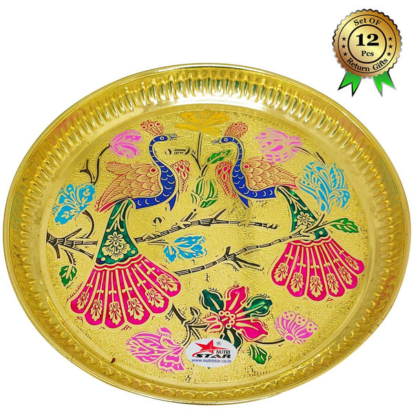 Pure Brass Plate for Puja engraved Printed Peacock Design Inside