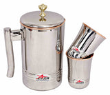 Steel Copper Jug with 2 Glasses, Drinkware, Copper Jug and Glass Set, Capacity 1.5 Liters.