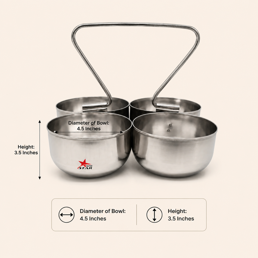Stainless Steel 4 Piece Serving Bowls Set with Solid Handle, Serveware, Bowl Diameter 4.5 Inches and Height 3.5 Inches.