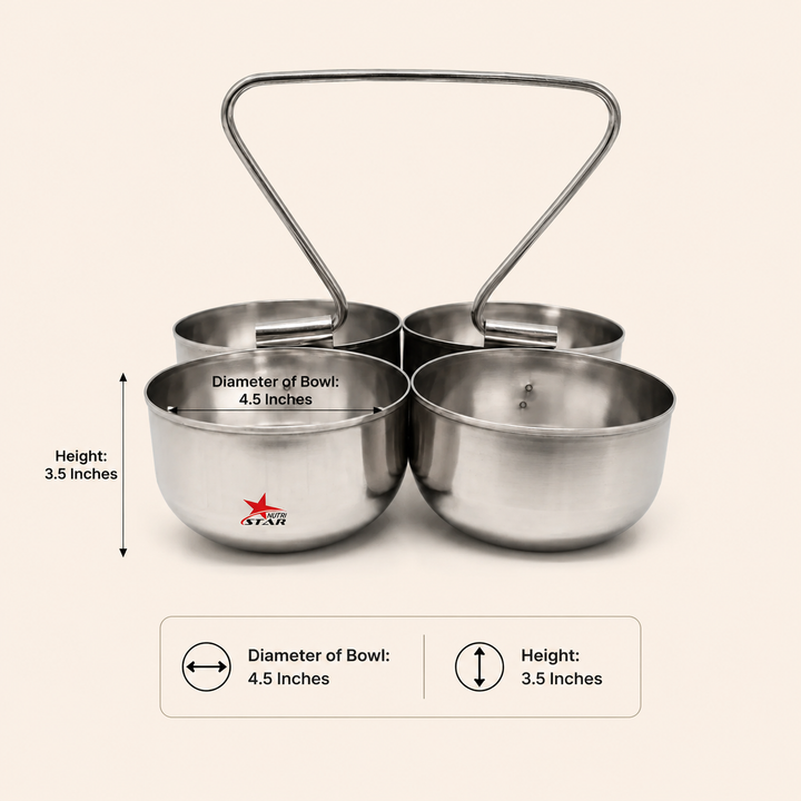 Stainless Steel 4 Piece Serving Bowls Set with Solid Handle, Serveware, Bowl Diameter 4.5 Inches and Height 3.5 Inches.
