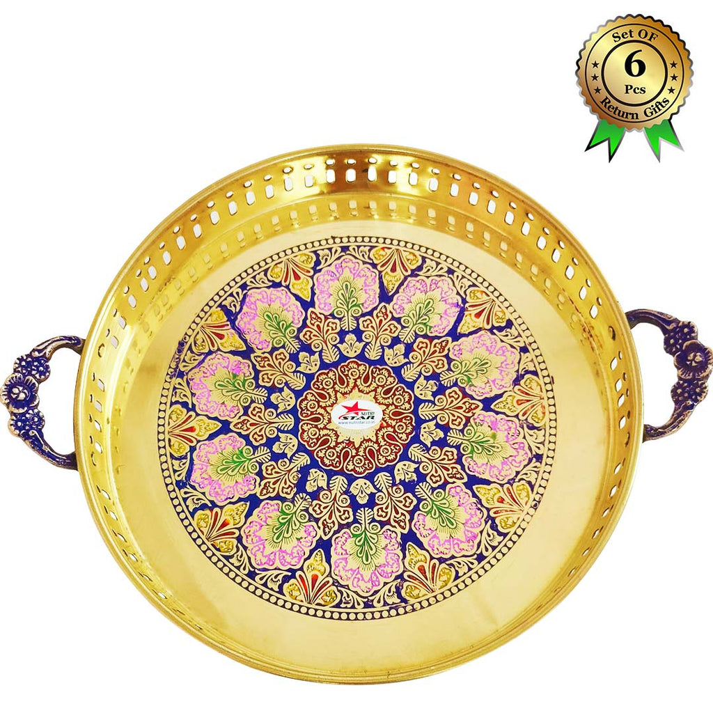 Brass Tray/Plate with Meenakri Work, Serveware for Special Occasions, Diameter - 10 Inches, Colour - Golden, Set of 6.