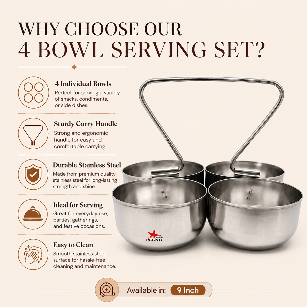 Stainless Steel 4 Piece Serving Bowls Set with Solid Handle, Serveware, Bowl Diameter 4.5 Inches and Height 3.5 Inches.