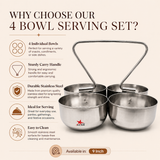 Stainless Steel 4 Piece Serving Bowls Set with Solid Handle, Serveware, Bowl Diameter 4.5 Inches and Height 3.5 Inches.