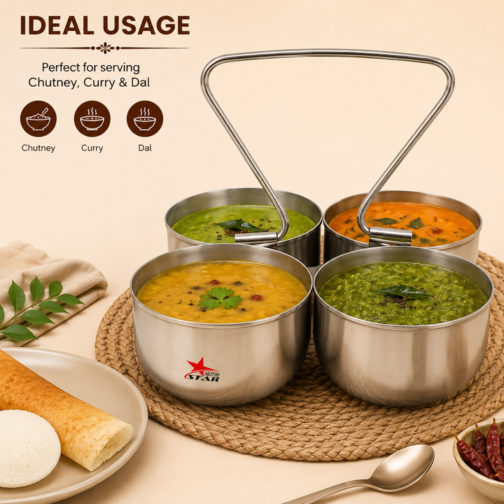 Stainless Steel 4 Piece Serving Bowls Set with Solid Handle, Serveware, Bowl Diameter 4.5 Inches and Height 3.5 Inches.