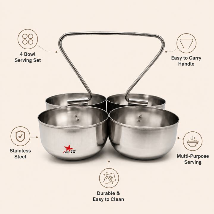 Stainless Steel 4 Piece Serving Bowls Set with Solid Handle, Serveware, Bowl Diameter 4.5 Inches and Height 3.5 Inches.