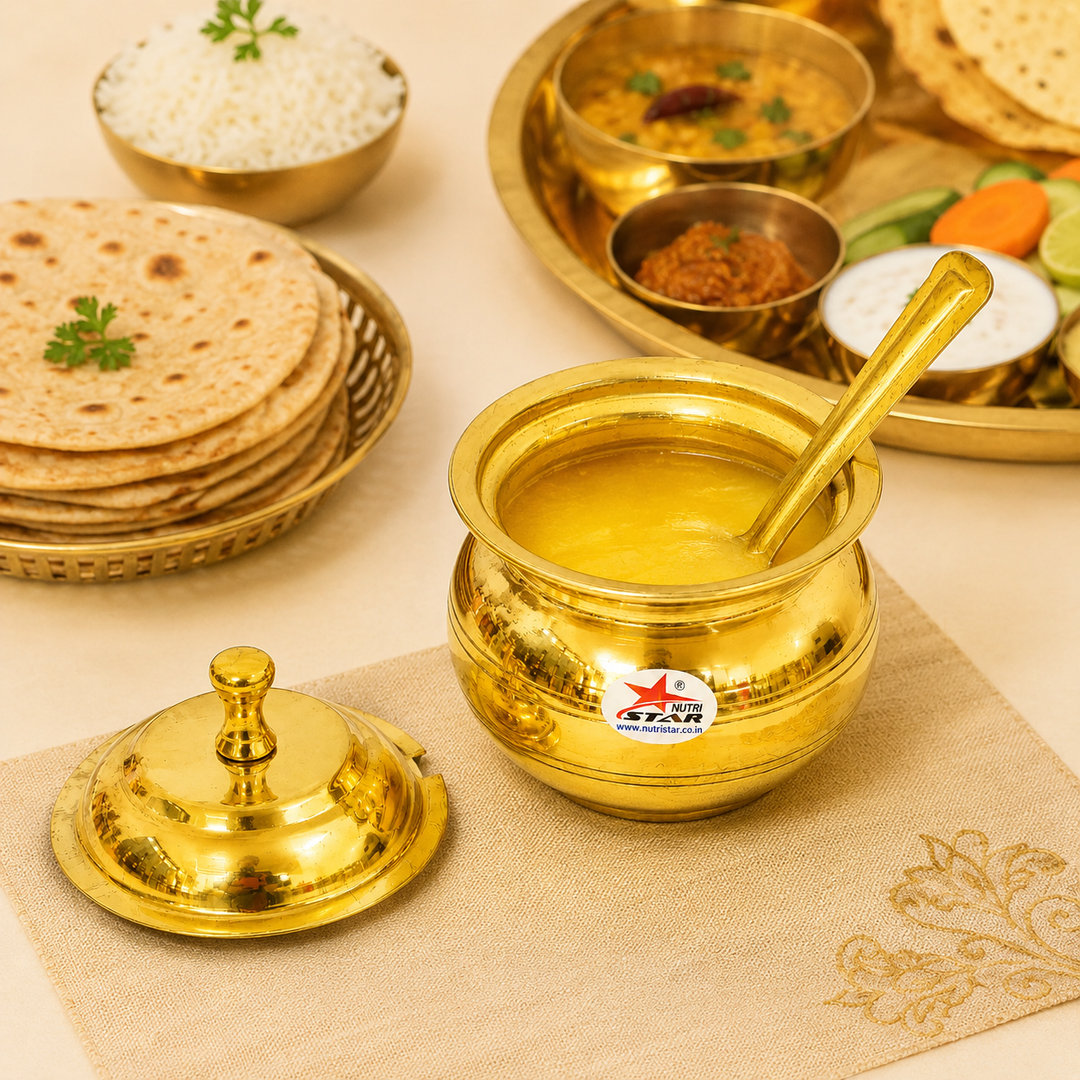 Brass Ghee Pot with Lid and Spoon