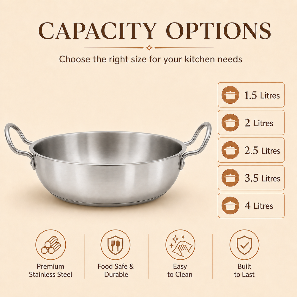 Aluminium Kadai | Deep Frying Kadai for Cooking - size guide