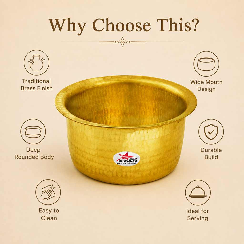 Bhagona, Brass Cooking Pot with Stainless Steel Lid, Hammered Tope or Patila.