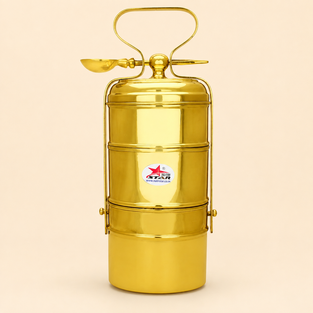 Nutristar brass 3-tier tiffin box with stackable food containers, lid, locking frame and carry handle