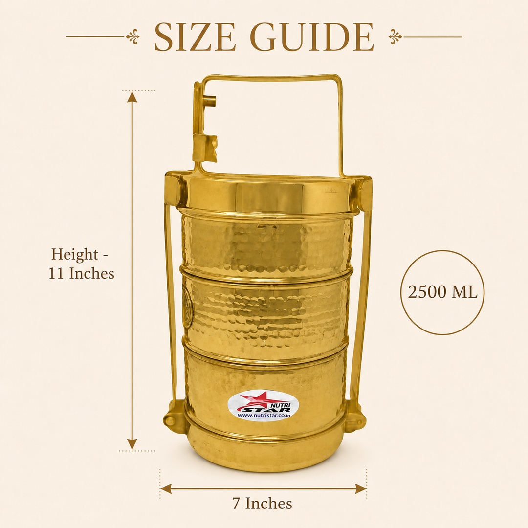 Nutristar brass 3-tier tiffin box with stackable food containers, lid, locking frame and carry handle