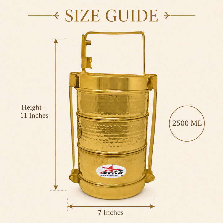 Nutristar brass 3-tier tiffin box with stackable food containers, lid, locking frame and carry handle