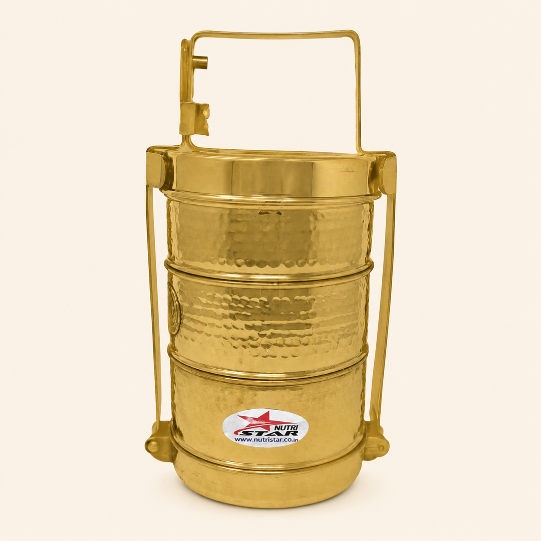 Nutristar brass 3-tier tiffin box with stackable food containers, lid, locking frame and carry handle