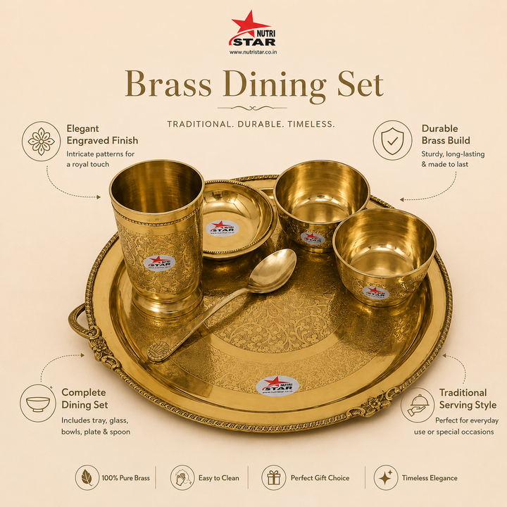 Nutristar 6 piece brass dinner set with large thali, three bowls, drinking glass, spoon and fork