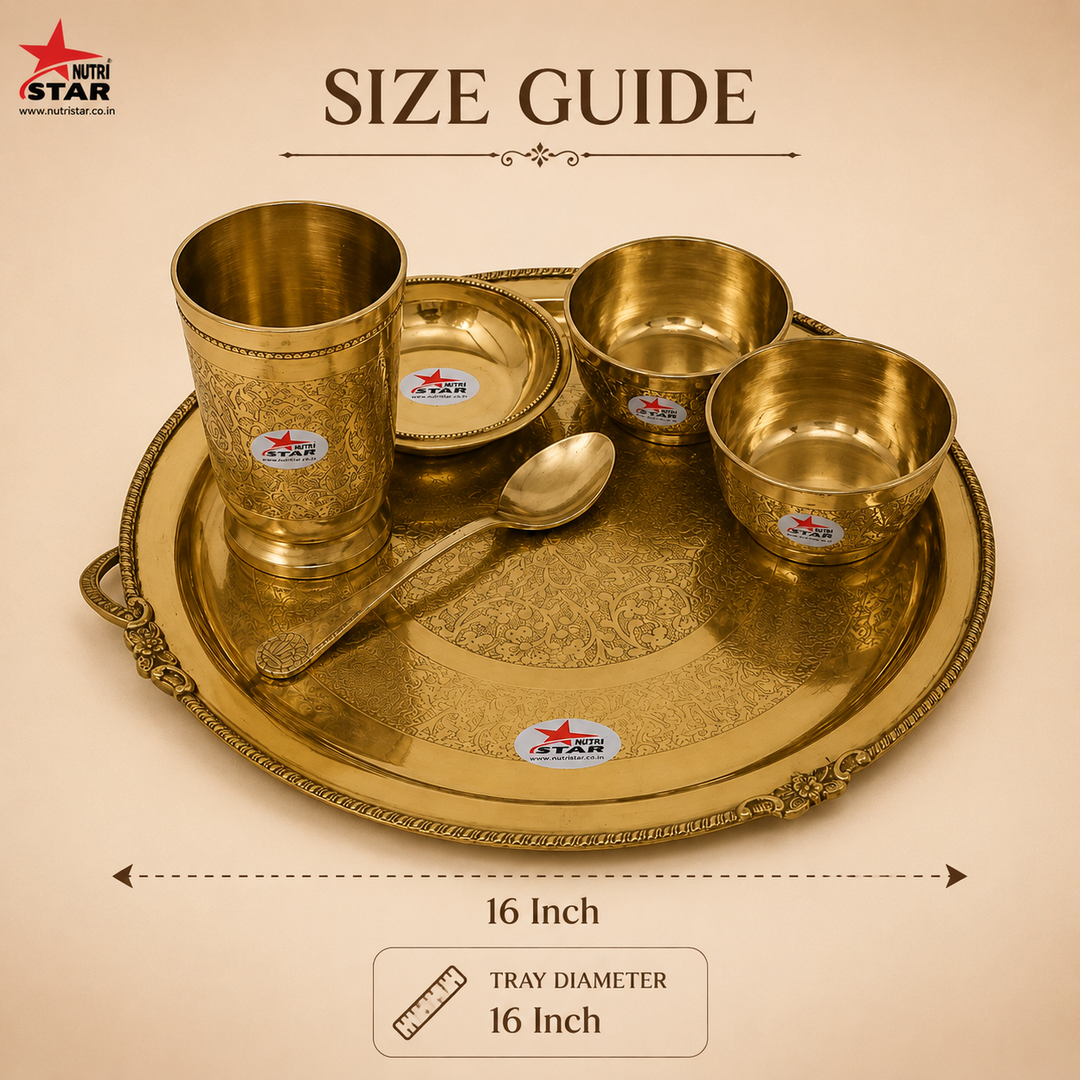 Nutristar 6 piece brass dinner set with large thali, three bowls, drinking glass, spoon and fork