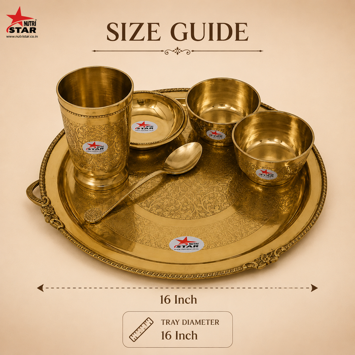 Nutristar 6 piece brass dinner set with large thali, three bowls, drinking glass, spoon and fork