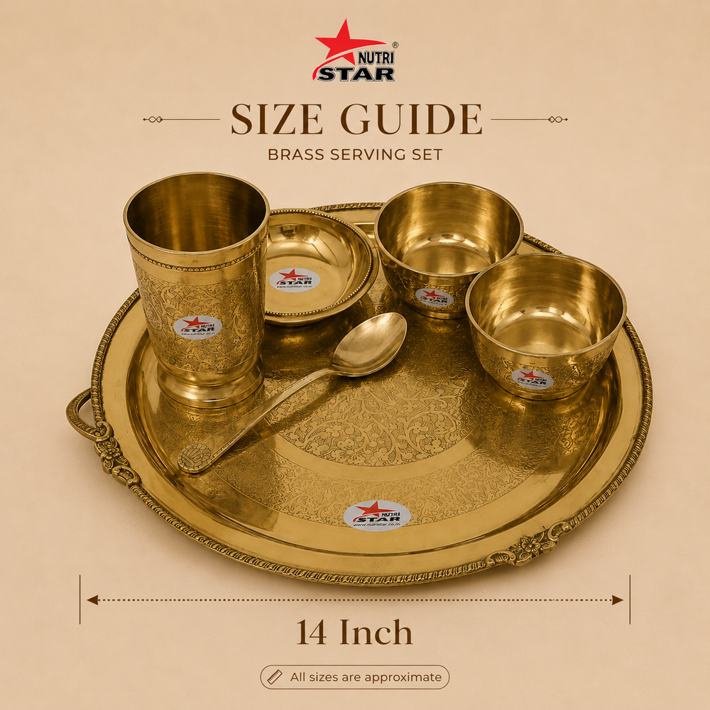 Nutristar 6 piece brass dinner set with large thali, three bowls, drinking glass, spoon and fork