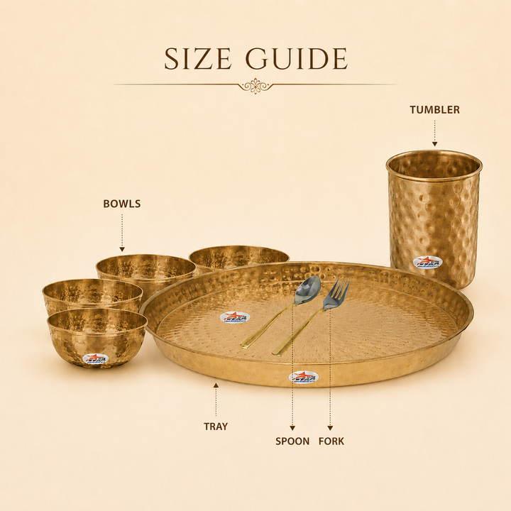 Nutristar 8 piece brass dinner set with large thali, four bowls, drinking glass, spoon and fork