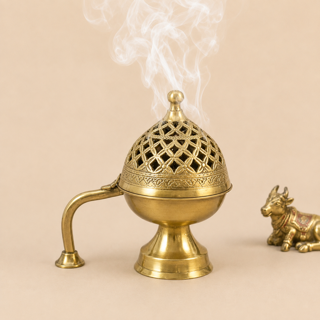 Nutristar brass dhoop dani and loban incense burner with decorative perforated dome lid, handle and smoke