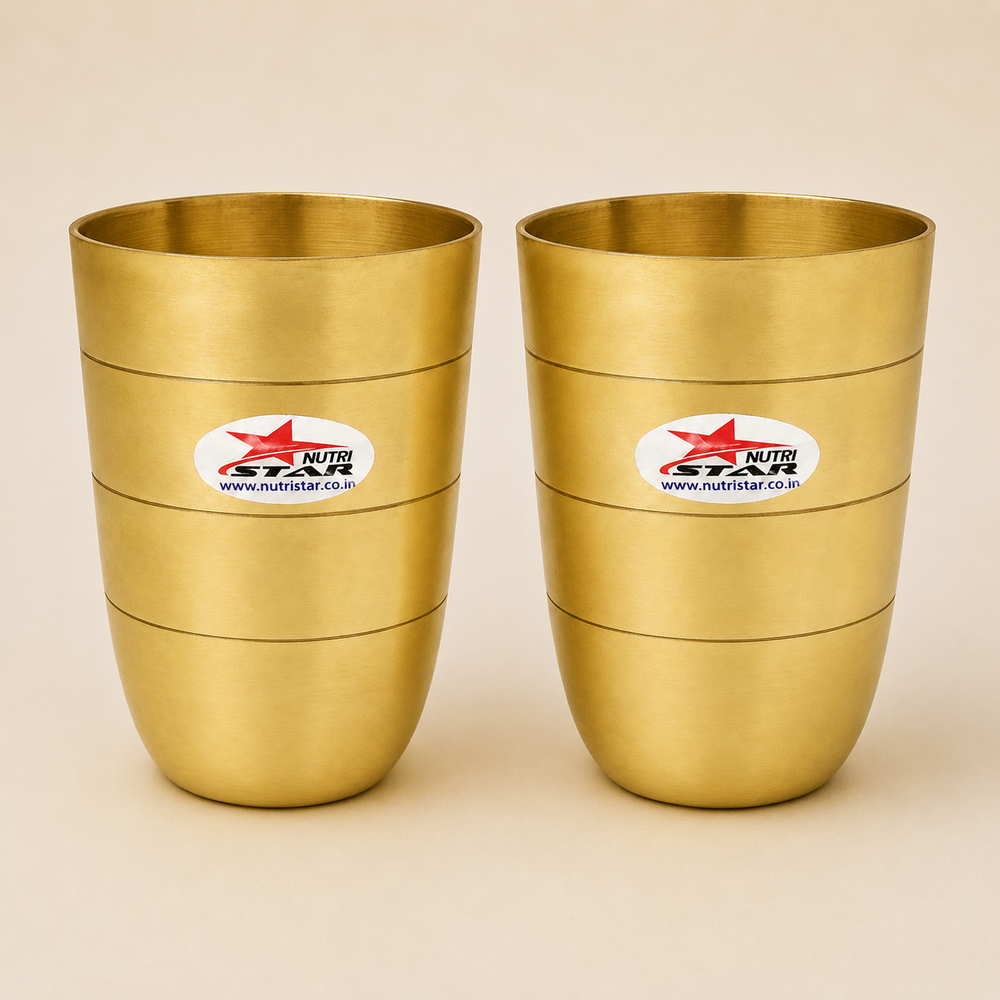 Nutristar brass drinking glass with polished golden finish and horizontal ring design