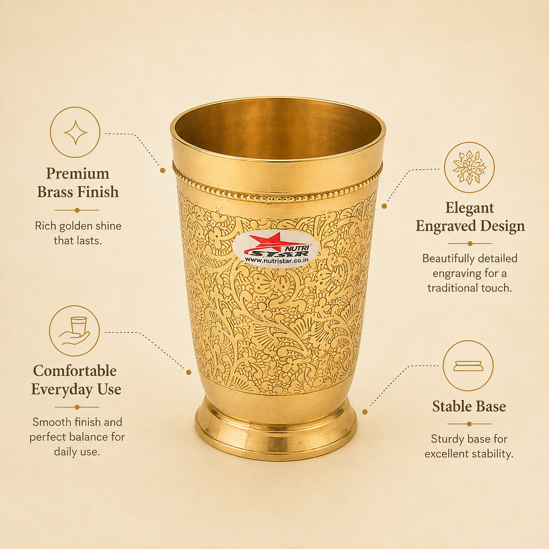Nutristar engraved brass drinking glass pack of 10 with floral design and polished golden finish