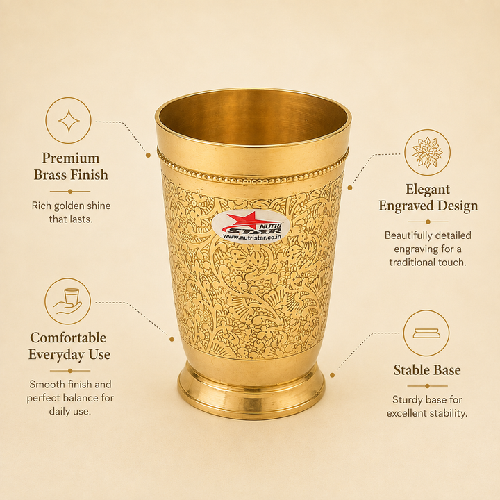 Nutristar engraved brass drinking glass pack of 10 with floral design and polished golden finish