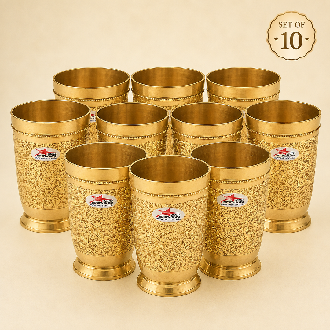 Nutristar engraved brass drinking glass pack of 10 with floral design and polished golden finish