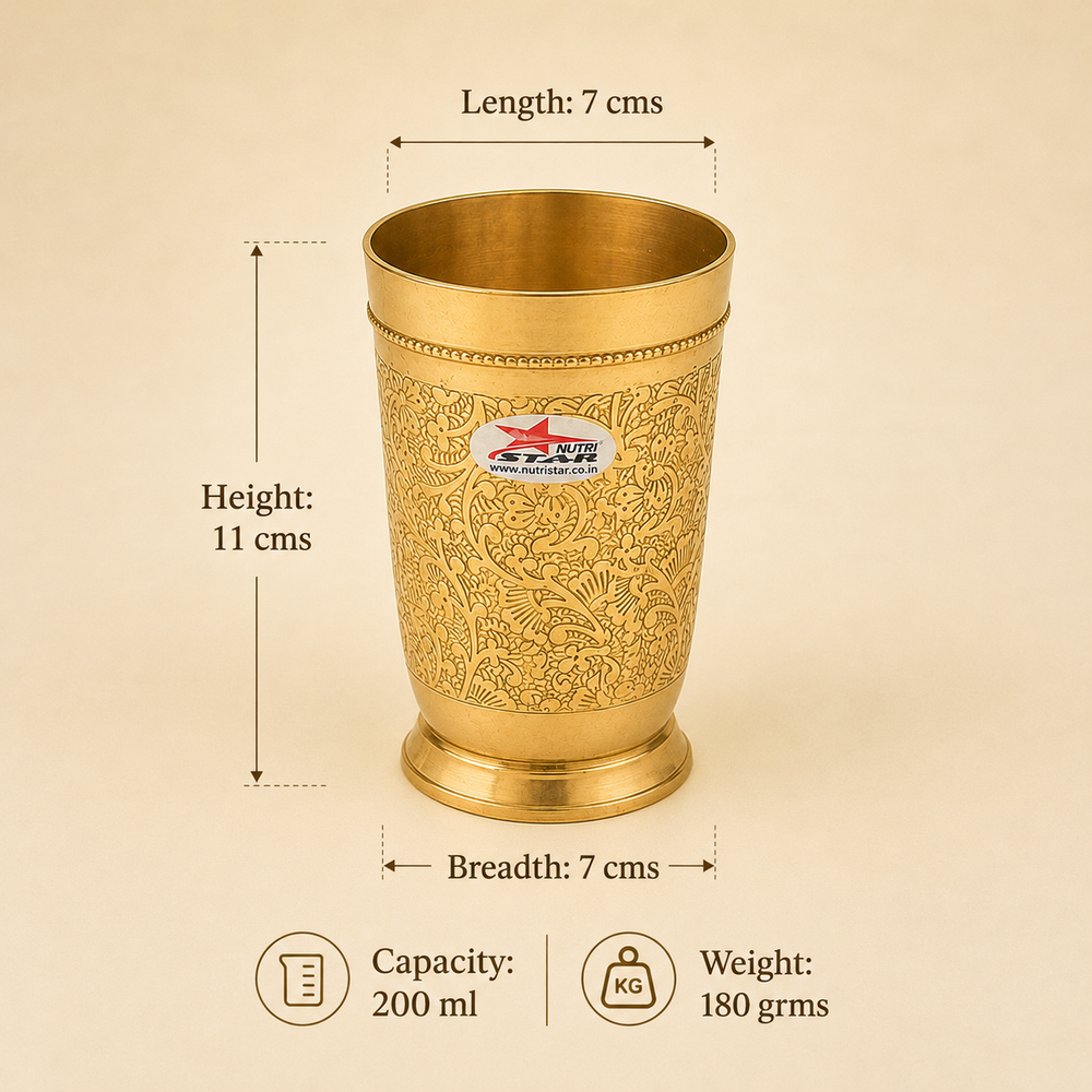 Nutristar engraved brass drinking glass pack of 10 with floral design and polished golden finish