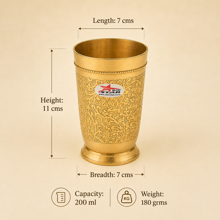 Nutristar engraved brass drinking glass pack of 10 with floral design and polished golden finish