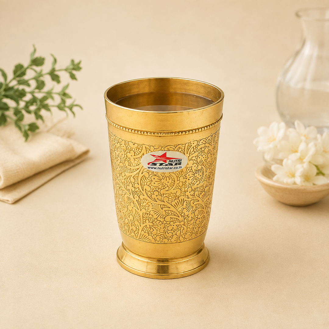 Nutristar engraved brass drinking glass pack of 10 with floral design and polished golden finish