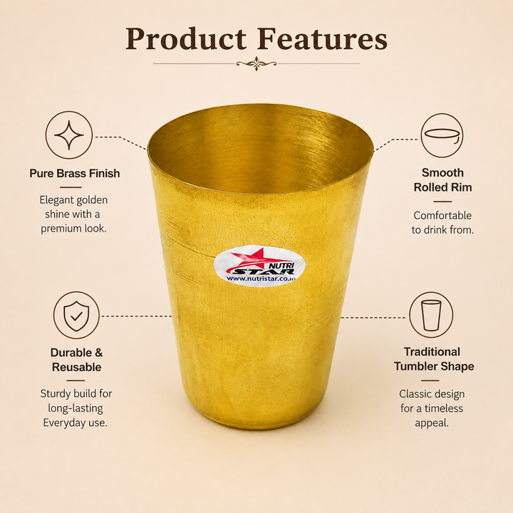 Nutristar plain brass drinking glass with polished golden finish and cylindrical tumbler design