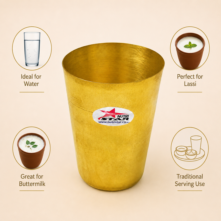 Nutristar plain brass drinking glass with polished golden finish and cylindrical tumbler design