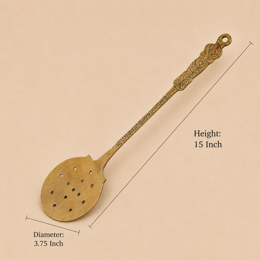 Nutristar brass perforated serving spoon with broad draining head and decorative engraved long handle