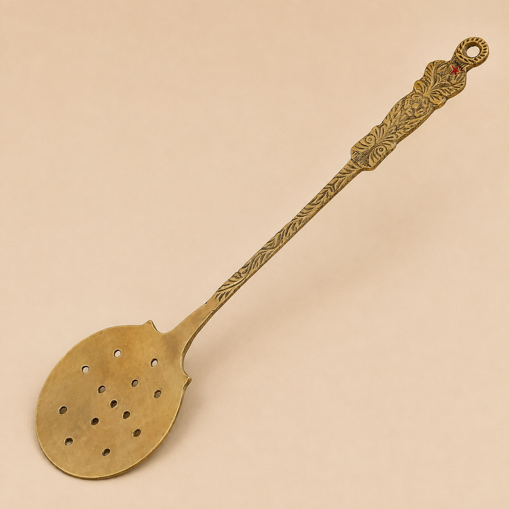 Nutristar brass perforated serving spoon with broad draining head and decorative engraved long handle