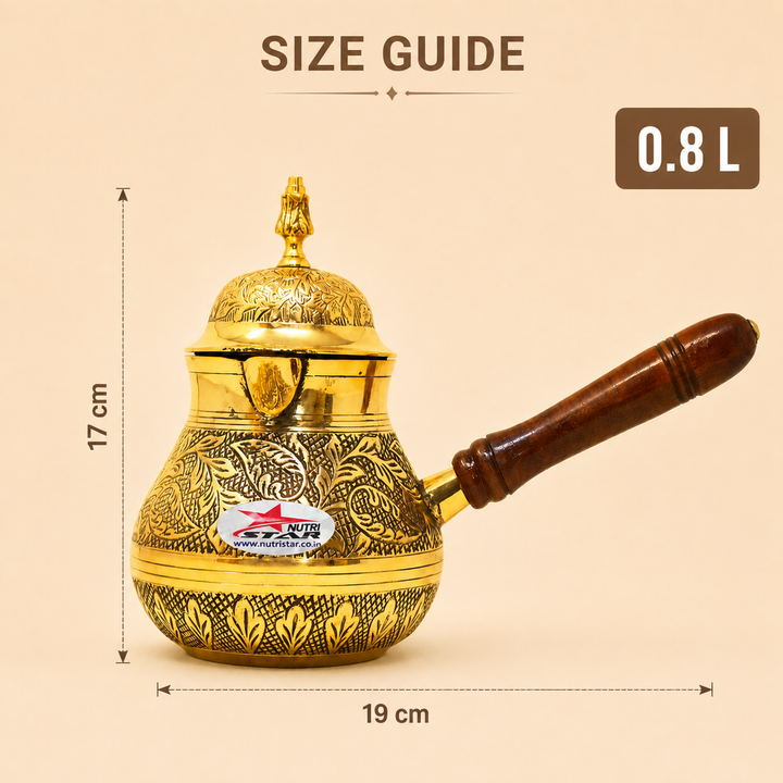 Nutristar brass Turkish tea kettle with engraved body, decorative lid, pouring spout and wooden handle