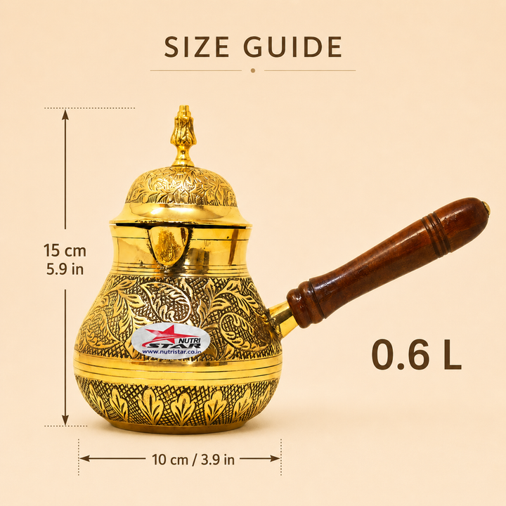Nutristar brass Turkish tea kettle with engraved body, decorative lid, pouring spout and wooden handle