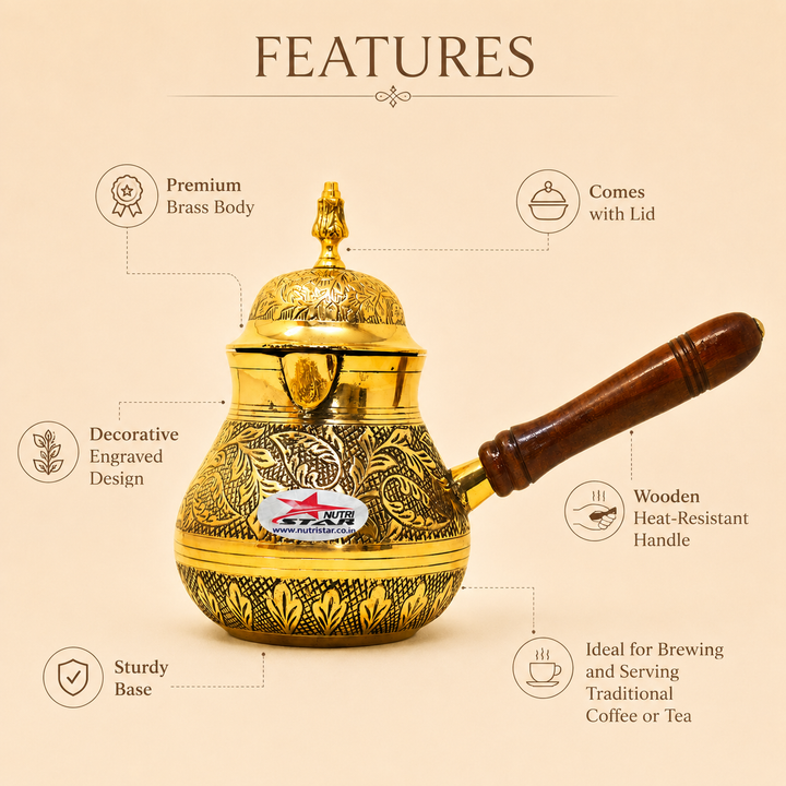 Nutristar brass Turkish tea kettle with engraved body, decorative lid, pouring spout and wooden handle
