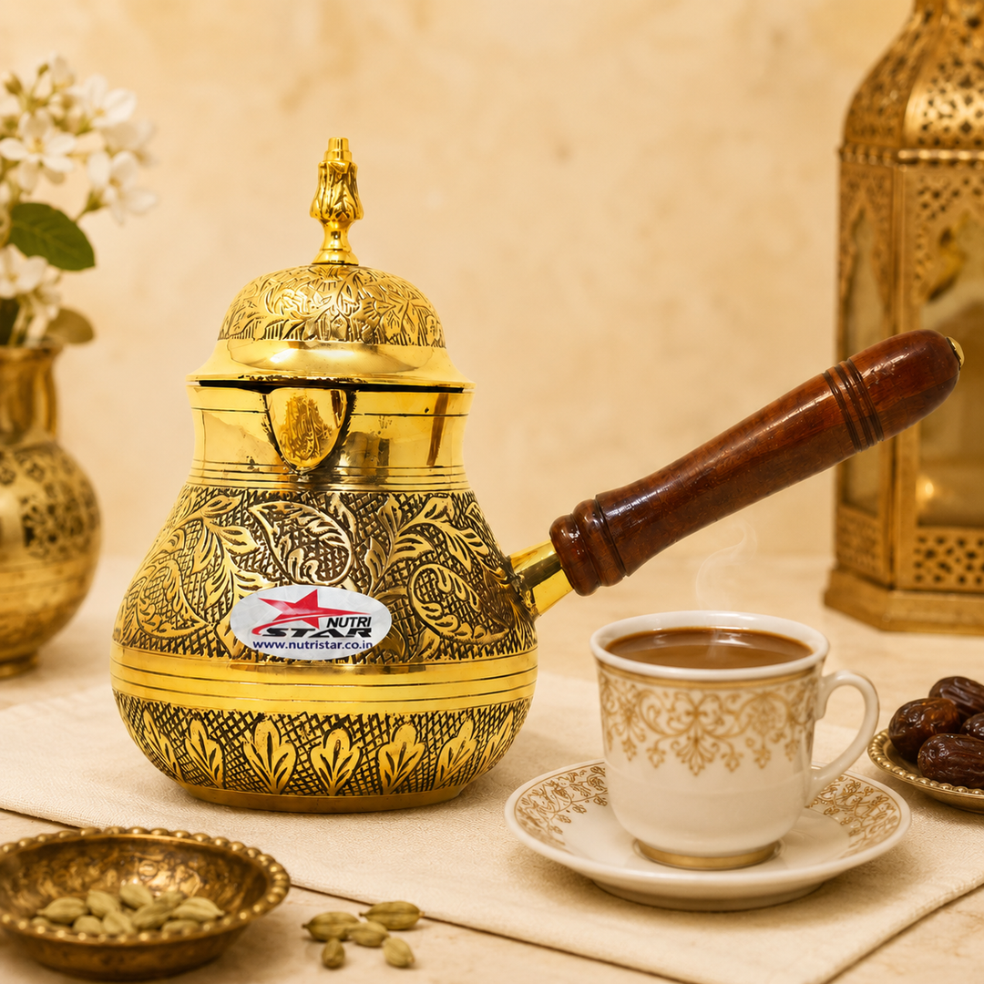 Nutristar brass Turkish tea kettle with engraved body, decorative lid, pouring spout and wooden handle