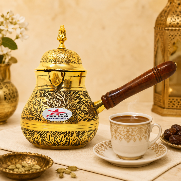 Nutristar brass Turkish tea kettle with engraved body, decorative lid, pouring spout and wooden handle