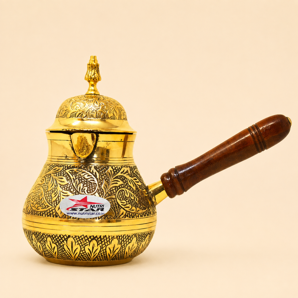 Nutristar brass Turkish tea kettle with engraved body, decorative lid, pouring spout and wooden handle