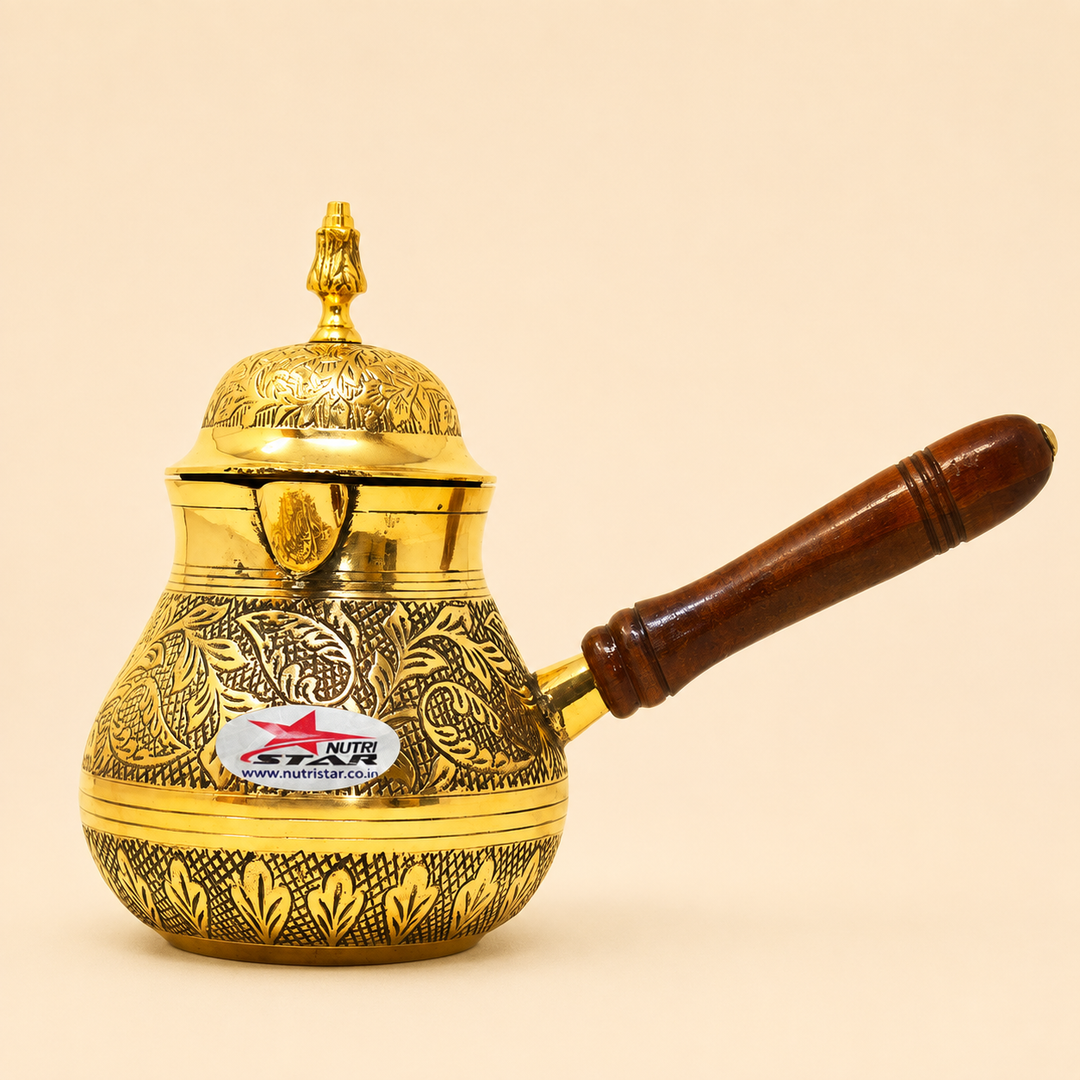 Nutristar brass Turkish tea kettle with engraved body, decorative lid, pouring spout and wooden handle