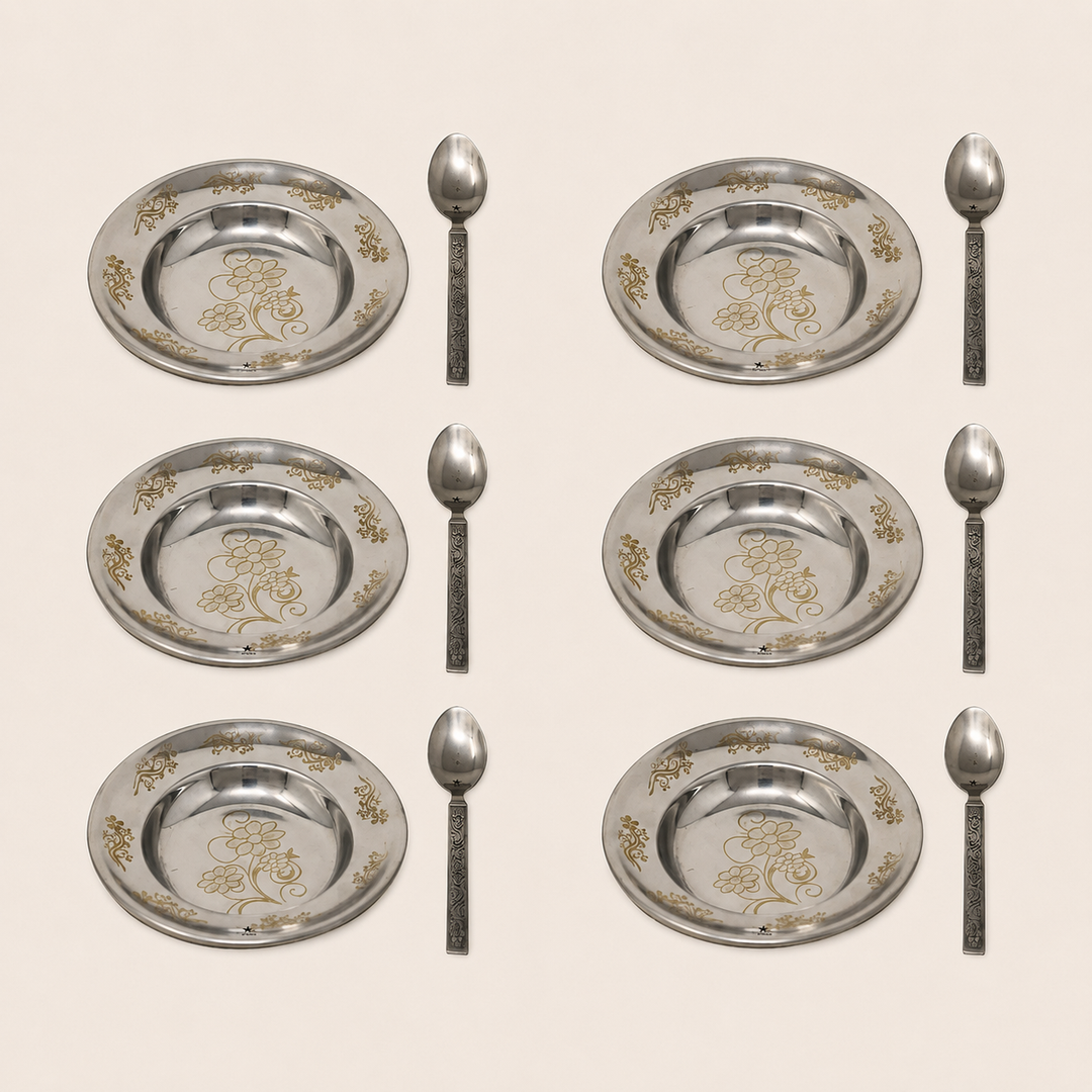 Stainless Steel Dessert Plates with Spoons Set. with Floral Laser Design Best for Serving Dessert. (6 Spoons &amp; 6 Sweet Plate)
