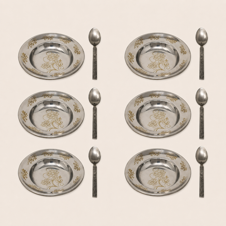 Stainless Steel Dessert Plates with Spoons Set. with Floral Laser Design Best for Serving Dessert. (6 Spoons &amp; 6 Sweet Plate)