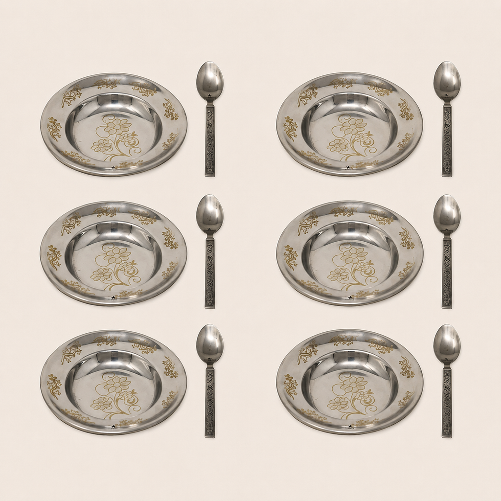 Nutristar Stainless Steel Floral Plate & Spoon Set – 13.5 cm Plate with 14 cm Spoon