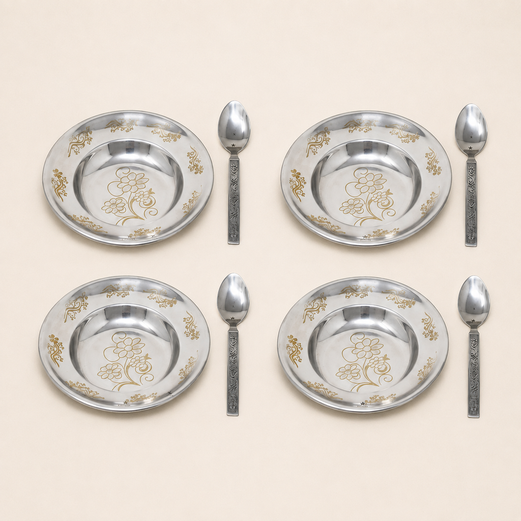 Nutristar Stainless Steel Floral Plate & Spoon Set – 13.5 cm Plate with 14 cm Spoon