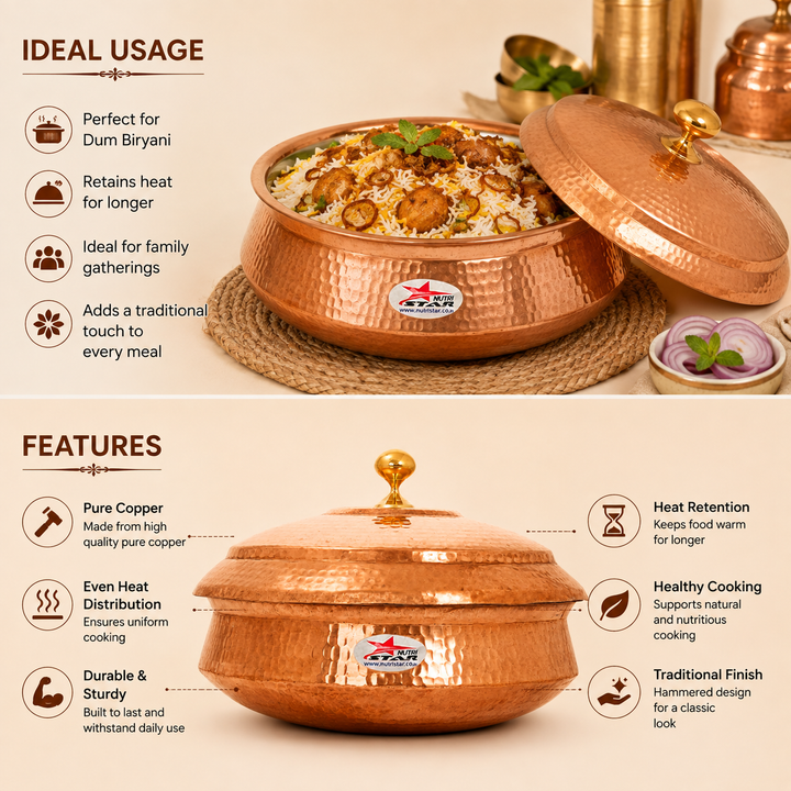 Nutristar Hammered Copper Handi with Lid – Traditional Serving &amp; Gift Bowl