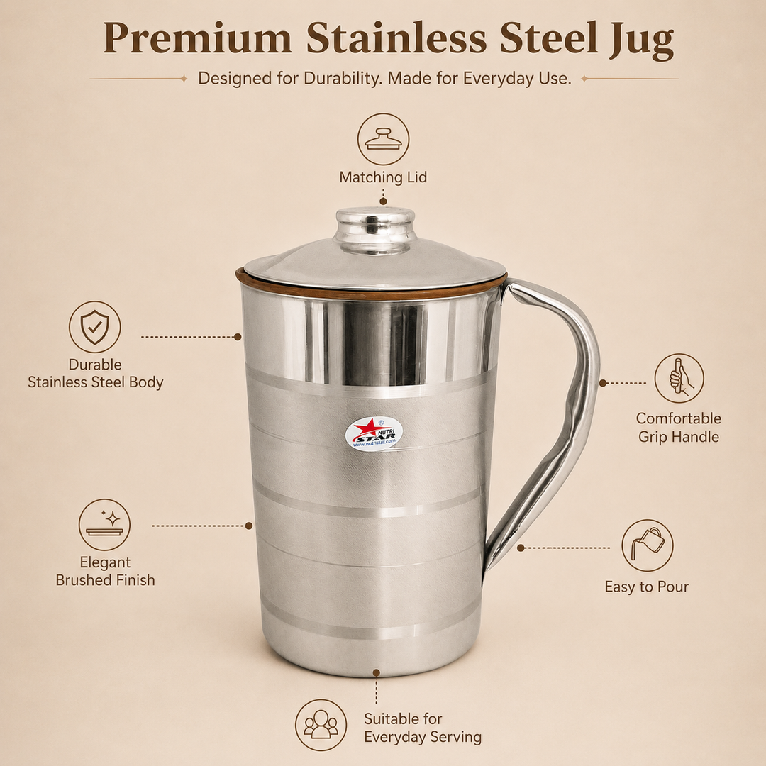 Steel Copper Jug with Lid, Copper Water Jug, Drinkware, Capacity 1.5 Liters.