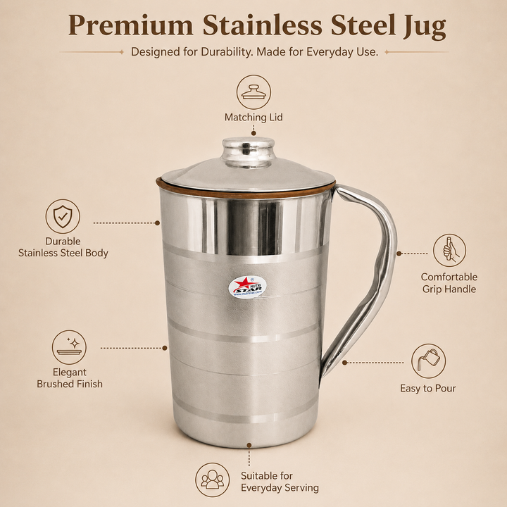 Steel Copper Jug with Lid, Copper Water Jug, Drinkware, Capacity 1.5 Liters.