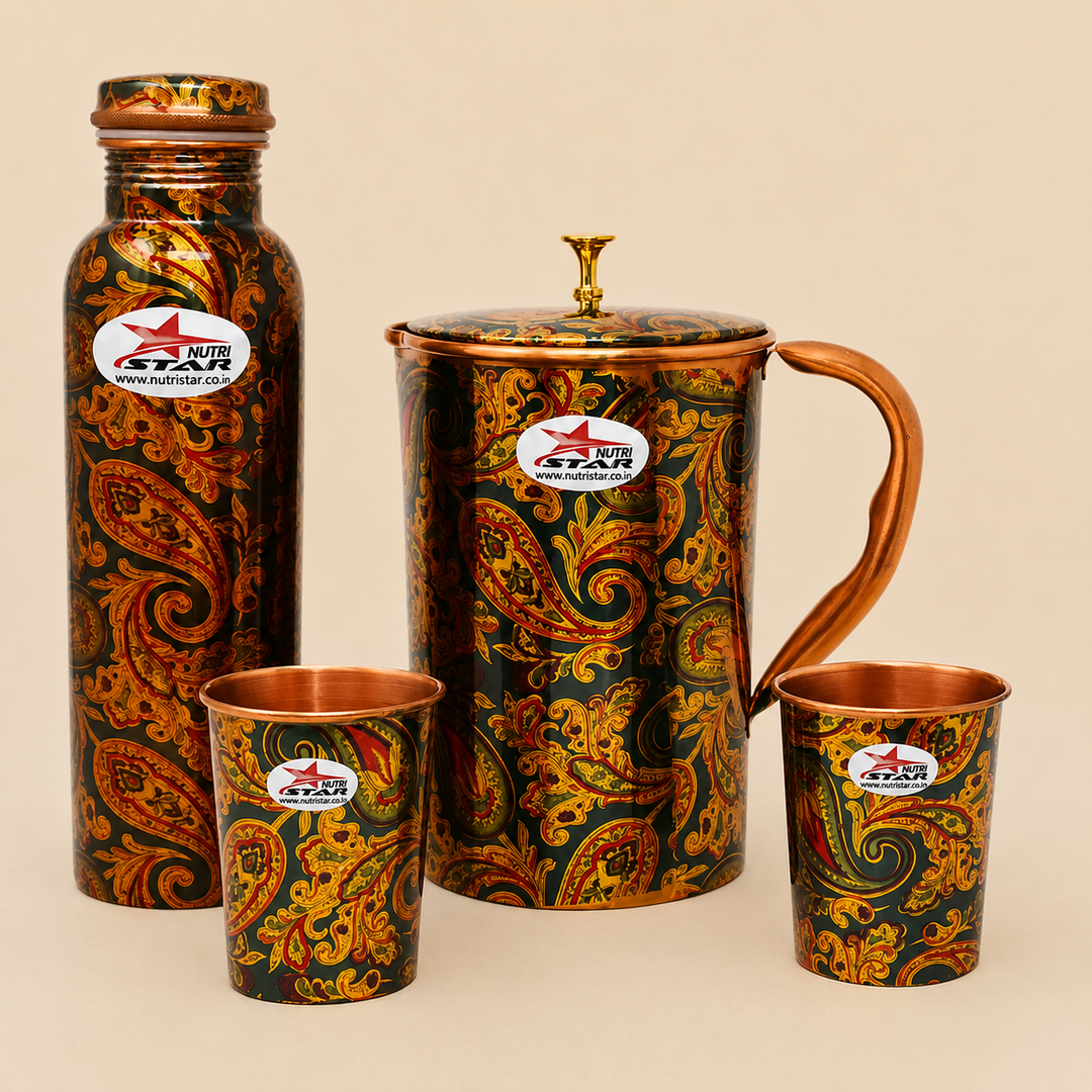Nutristar designer printed copper bottle jug and two glass drinkware set