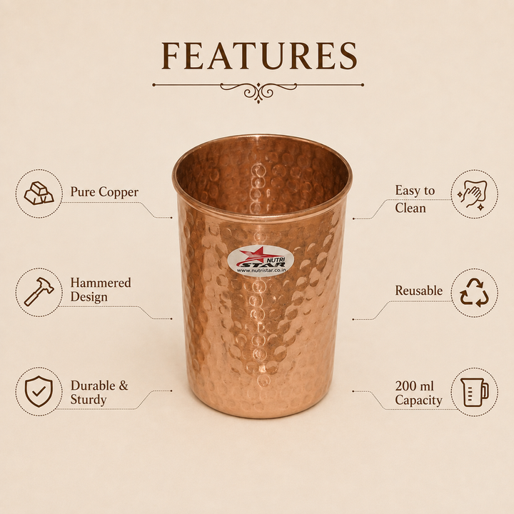 Hammered copper drinking glass with durable reusable design and 200 ml capacity