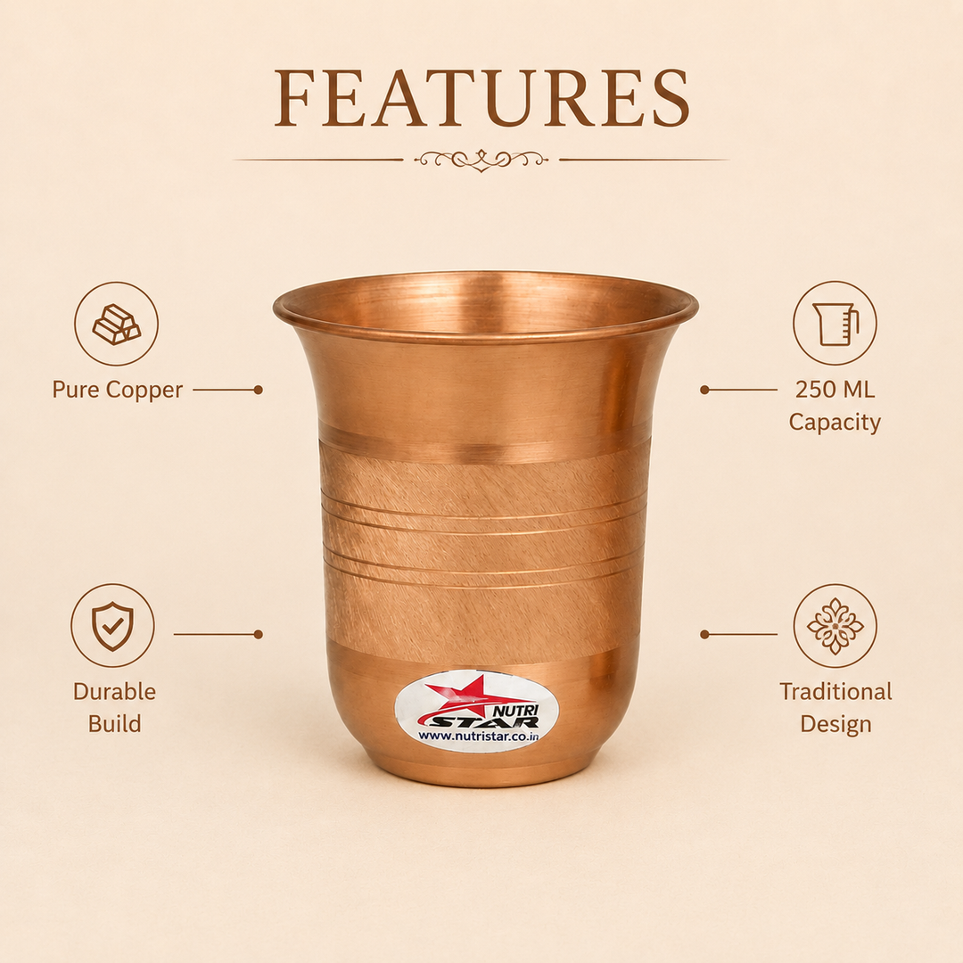 Pure copper drinking glass with textured band durable build and 250 ml capacity